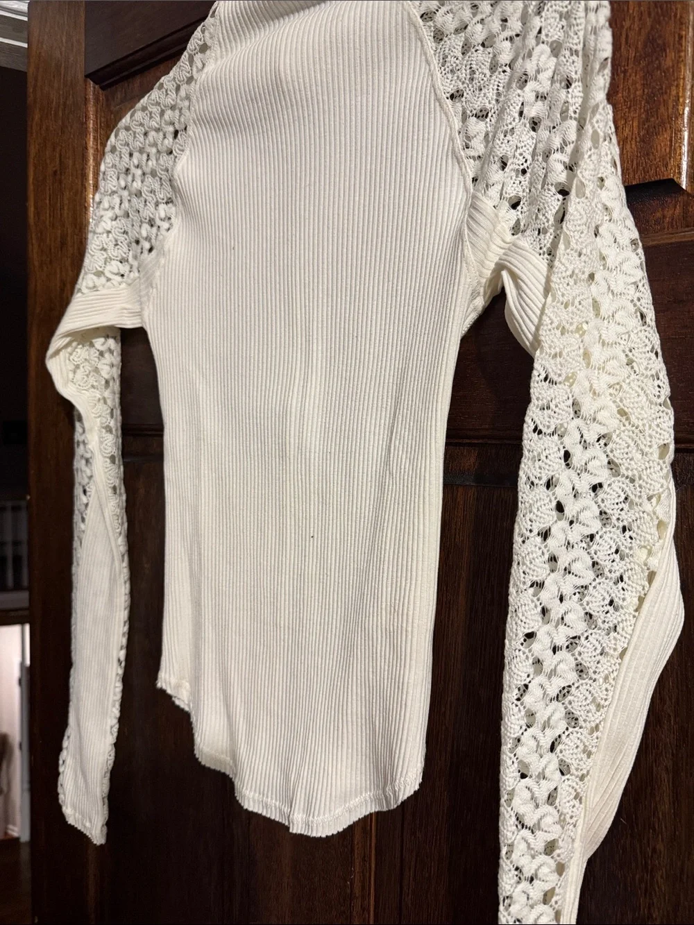 Free People Cream Ribbed Long-Sleeve Top with Crochet Sleeves